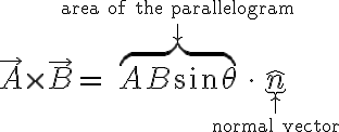 $\vec{A}\times\vec{B} = \overbrace{AB\sin\theta}^{\text{area of the parallelogram}\atop\downarrow}\cdot\underbrace{\hat{n}}_{\uparrow\atop\text{normal vector}}$